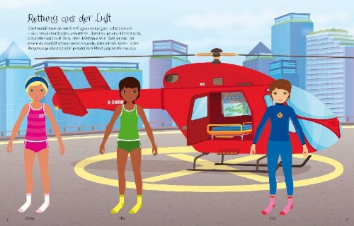 Buchcover und Innenansicht für das Buch: Mein Anziehpuppen-Stickerbuch: Action!