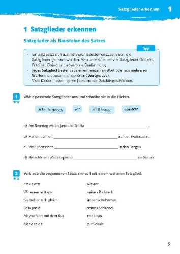 Buchcover und Innenansicht für das Buch: 10-Minuten-Training Deutsch Grammatik Satzglieder bestimmen 5.-7. Klasse