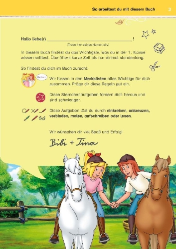 Buchcover und Innenansicht für das Buch: Bibi & Tina: Mein Übungsbuch für die 1. Klasse