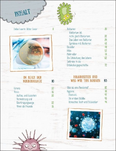 Buchcover und Innenansicht für das Buch: Die spannende Welt der Viren und Bakterien