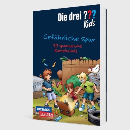 Buchcover und Innenansicht für das Buch: Die drei ??? Kids: Gefährliche Spur. 30 spannende Ratekrimis!