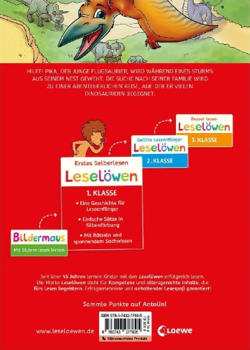 Buchcover und Innenansicht für das Buch: Leselöwen 1. Klasse - Abenteuer im Land der Dinos (Großbuchstabenausgabe)