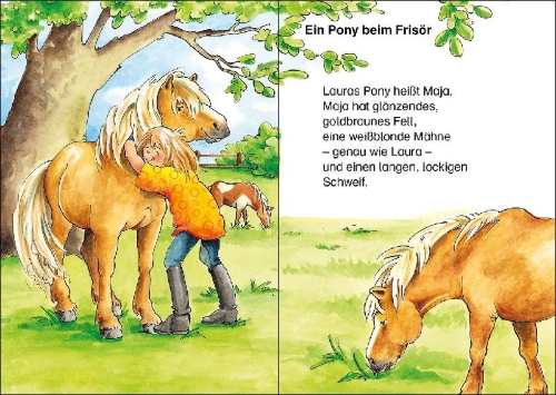 Buchcover und Innenansicht für das Buch: Leselöwen - Das Original - 7-Minuten-Geschichten zum Lesenlernen - Im Galopp ins Ponyglück