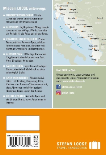 Buchcover und Innenansicht für das Buch: Stefan Loose Reiseführer Balkan, Die Adria-Route. Slowenien, Kroatien, Bosnien und Herzegowina, Montenegro, Albanien