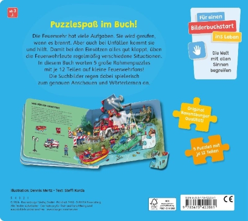 Buchcover und Innenansicht für das Buch: Ravensburger® Puzzle-Buch: Feuerwehr