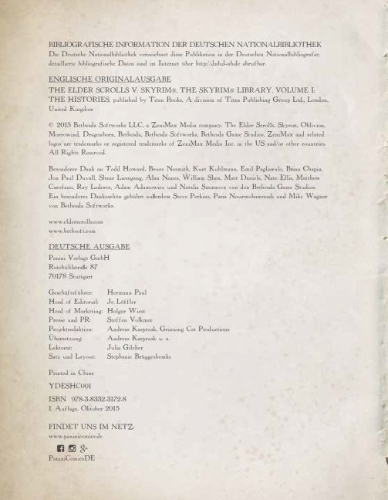 Buchcover und Innenansicht für das Buch: The Elder Scrolls V: Skyrim - The Skyrim Library, Vol. I: The Histories