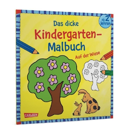 Buchcover und Innenansicht für das Buch: Ausmalbilder für Kita-Kinder: Das dicke Kindergarten-Malbuch: Auf der Wiese