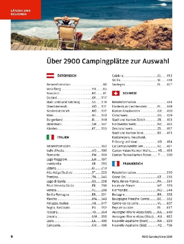 Buchcover und Innenansicht für das Buch: ADAC Campingführer Südeuropa 2026
