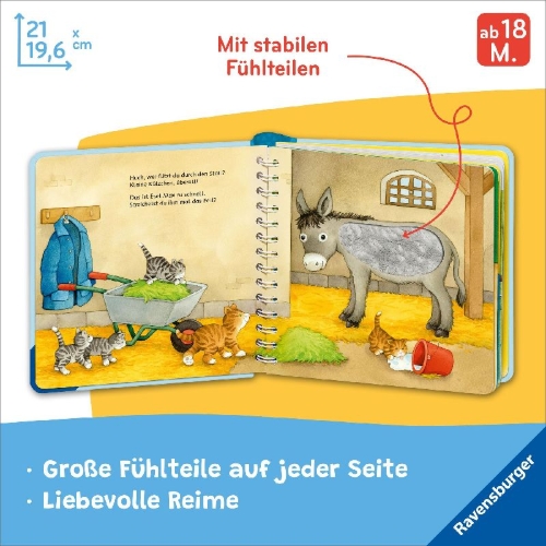 Buchcover und Innenansicht für das Buch: Mein großes Fühlbuch: Meine Lieblingstiere, Spielbuch ab 18 Monaten, Bilderbuch, Entdeckerbuch
