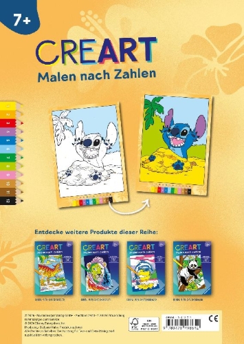 Buchcover und Innenansicht für das Buch: CreArt Malen nach Zahlen ab 7 Disney - Lilo & Stitch