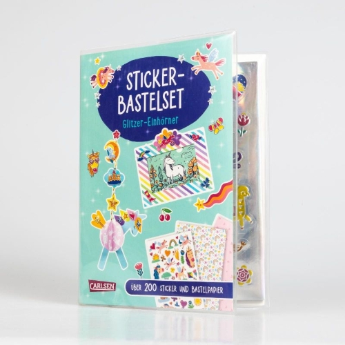 Buchcover und Innenansicht für das Buch: Bastelset für Kinder: Sticker-Bastelset: Glitzer-Einhörner
