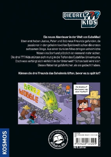 Buchcover und Innenansicht für das Buch: Die drei ??? Kids, Gefangen in CubeMax