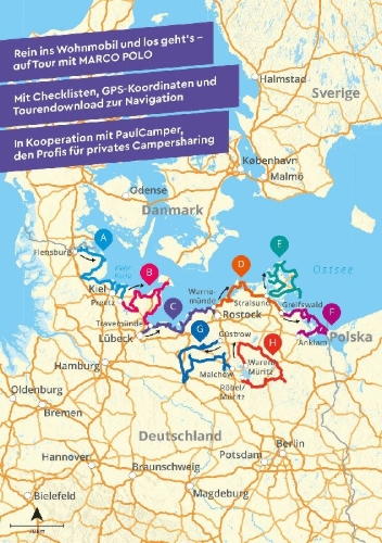 Buchcover und Innenansicht für das Buch: MARCO POLO Camper Guide Ostseeküste & Mecklenburgische Seenplatte