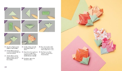 Buchcover und Innenansicht für das Buch: Origami-Flowers - Wunderschöne Blüten zum Dekorieren & Verschenken
