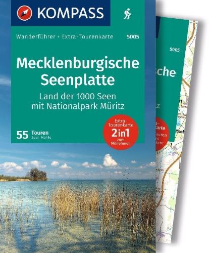 Buchcover und Innenansicht für das Buch: KOMPASS Wanderführer Mecklenburgische Seenplatte, Land der 1000 Seen mit Nationalpark Müritz, 55 Touren mit Extra-Tourenkarte