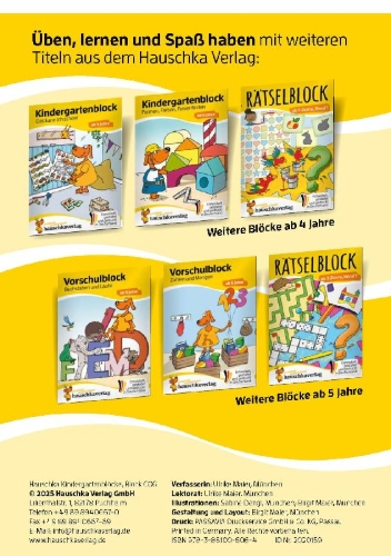 Buchcover und Innenansicht für das Buch: Kindergartenblock ab 4 Jahre - Rätsel-Spaß, Konzentration und Logik