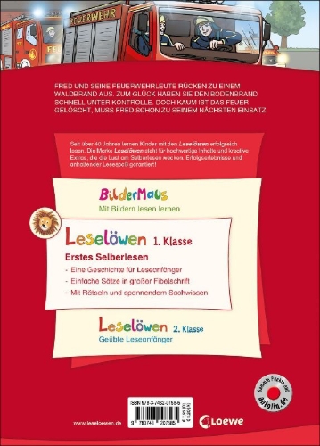 Buchcover und Innenansicht für das Buch: Leselöwen 1. Klasse - Achtung, Feuerwehr im Einsatz! (Großbuchstabenausgabe)
