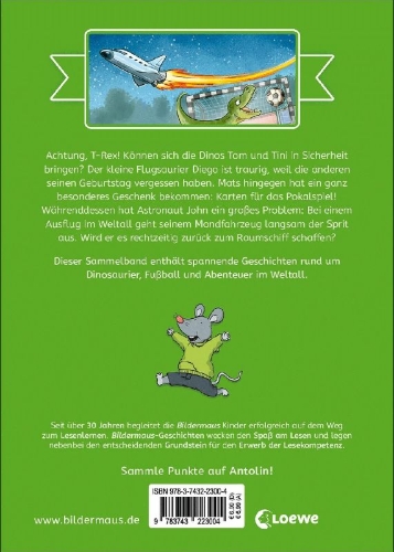 Buchcover und Innenansicht für das Buch: Die schönsten Bildermaus-Geschichten zum Lesenlernen - Dinos, Astronauten und Fußballhelden
