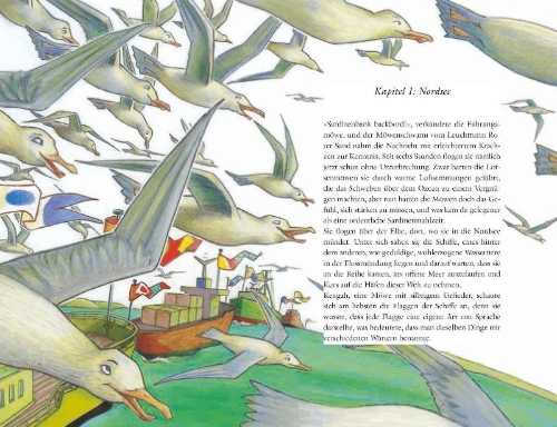 Buchcover und Innenansicht für das Buch: Historia de una gaviota y del gato que le enseñó a volar