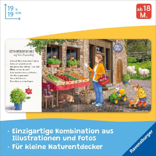 Buchcover und Innenansicht für das Buch: Lotta entdeckt die Welt: Auf dem Bauernhof