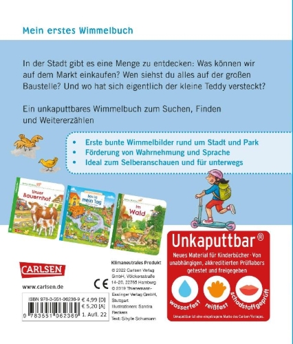 Buchcover und Innenansicht für das Buch: Unkaputtbar: Mein erstes Wimmelbuch: Unterwegs in der Stadt