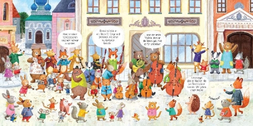Buchcover und Innenansicht für das Buch: Mein Klassik-Klangbuch: Das Tier-Orchester spielt Tschaikowski