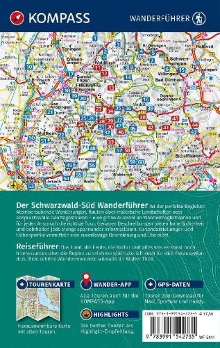 Buchcover und Innenansicht für das Buch: KOMPASS Wanderführer Schwarzwald Süd mit Naturpark, Kaiserstuhl und Markgräflerland, 60 Touren mit Extra-Tourenkarte