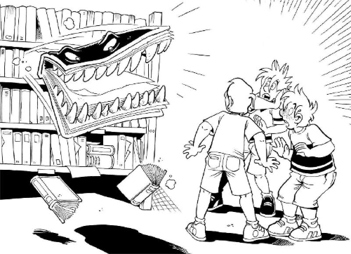 Buchcover und Innenansicht für das Buch: Die drei ??? Kids, Das gruseligste Buch aller Zeiten