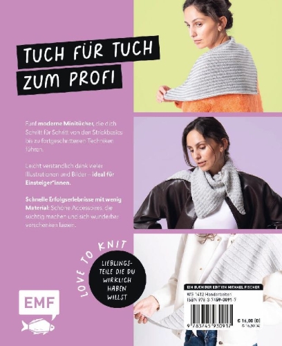 Buchcover und Innenansicht für das Buch: Love to knit: Stricken lernen mit Mini-Tüchern von @maschenfein