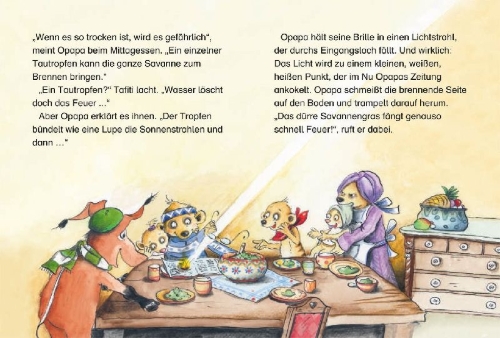 Buchcover und Innenansicht für das Buch: Tafiti und das große Feuer