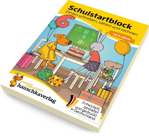 Buchcover und Innenansicht für das Buch: Schulstart-Block ab 6 Jahre - Zahlen schreiben, zählen und rechnen