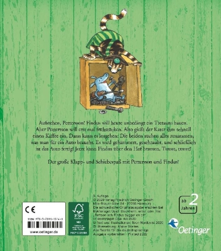 Buchcover und Innenansicht für das Buch: Pettson och Findus bygger en bil