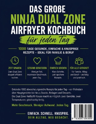 Buchcover und Innenansicht für das Buch: Das große Ninja Dual Zone Airfryer Kochbuch für jeden Tag