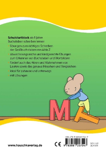 Buchcover und Innenansicht für das Buch: Schulstart-Block ab 6 Jahre - Buchstaben schreiben lernen
