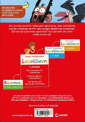 Buchcover und Innenansicht für das Buch: Leselöwen 1. Klasse - Jim ist mies drauf - Fertig, los...Banane!