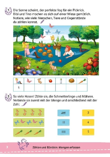 Buchcover und Innenansicht für das Buch: Bibi & Tina: Lernrätsel Mathe ab 6 Jahren