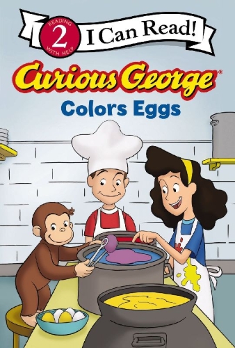 Buchcover und Innenansicht für das Buch: Curious George Colors Eggs