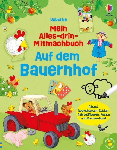Buchcover und Innenansicht für das Buch: Mein Alles-drin-Mitmachbuch: Auf dem Bauernhof