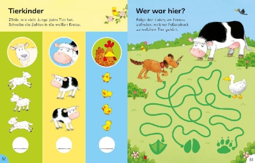 Buchcover und Innenansicht für das Buch: Mein Alles-drin-Mitmachbuch: Auf dem Bauernhof
