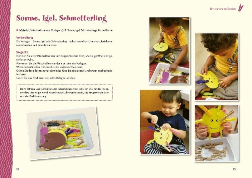 Buchcover und Innenansicht für das Buch: Spielen mit Krippenkindern: Aktionstabletts