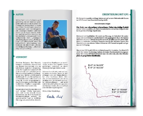 Buchcover und Innenansicht für das Buch: KOMPASS Wanderführer Oberallgäu, 50 Touren zwischen Bodensee, Kempten und Pfronten, mit Extra-Tourenkarte