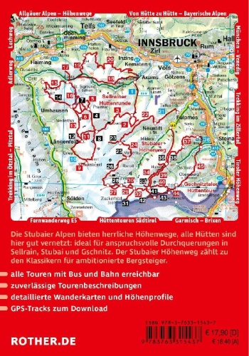 Buchcover und Innenansicht für das Buch: ROTHER Wanderführer Stubaier Höhenweg, Sellrainer Hüttenrunde, Gschnitztaler Hüttentour. 3 alpine Mehrtagestouren