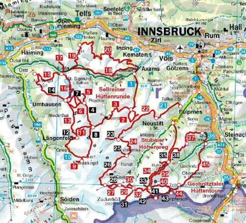 Buchcover und Innenansicht für das Buch: ROTHER Wanderführer Stubaier Höhenweg, Sellrainer Hüttenrunde, Gschnitztaler Hüttentour. 3 alpine Mehrtagestouren
