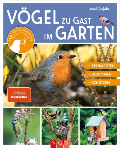 Buchcover und Innenansicht für das Buch: Vögel zu Gast im Garten - Heimische Vögel beobachten, bestimmen, schützen.