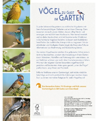 Buchcover und Innenansicht für das Buch: Vögel zu Gast im Garten - Heimische Vögel beobachten, bestimmen, schützen.