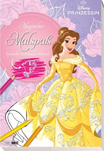Buchcover und Innenansicht für das Buch: Disney Prinzessin: Magischer Malspaß - Entdecke verborgene Motive!