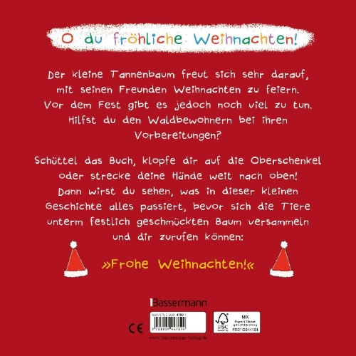 Buchcover und Innenansicht für das Buch: Schüttel den Weihnachtsbaum. Ein Weihnachts-Mitmachbuch zum Schütteln, Schaukeln, Pusten, Klopfen und sehen, was dann passiert. Von 2 bis 4 Jahren
