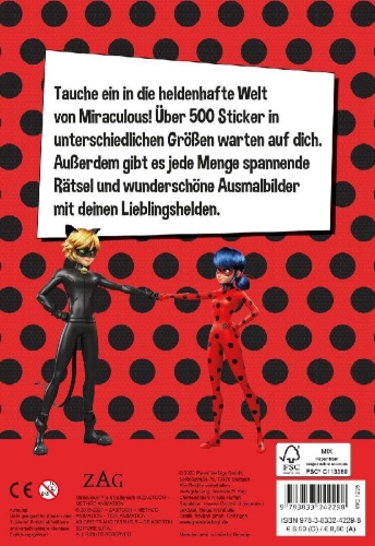 Buchcover und Innenansicht für das Buch: Miraculous: Superstarker Sticker- und Rätselspaß
