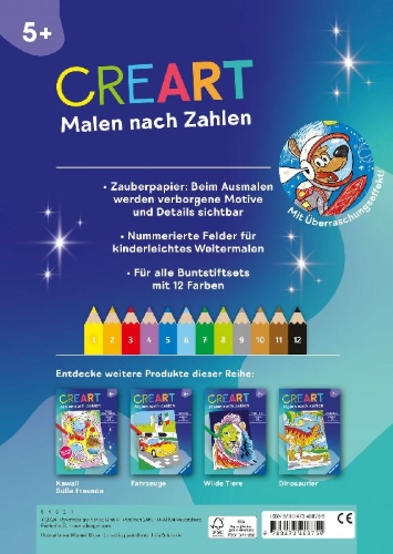 Buchcover und Innenansicht für das Buch: CreArt Malen nach Zahlen ab 5 - Zauberpapier: Weltraum