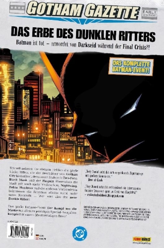 Buchcover und Innenansicht für das Buch: Gotham Gazette: Batman Dead? #1, Batman: Battle for the Cowl #1-3, Azrael: Death's Dark Knight #1-3, Battle for the Cowl: Commissioner Gordon #1, Oracle: The Cure #1-3, Battle for the Cowl: Man-Bat #1, Battle for the Cowl: Arkham Asylum #1, Battle for the Cowl: The Underground #1, Battle for the Cowl: The Network #1, Secret Six #9, Gotham Gazette: Batman Alive? #1